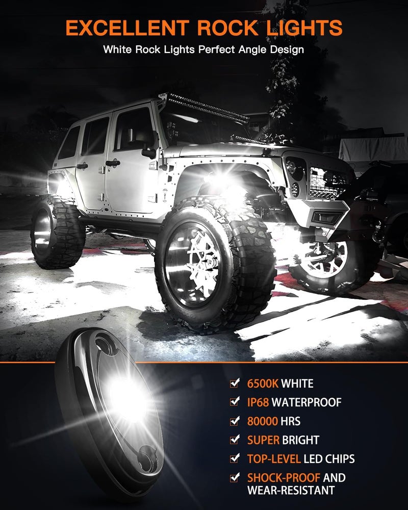 LEDMIRCY White Rock Lights, R1 Pure White Rock Lights Kit with Rocker Switch Wiring Harness 16PCS for UTV Off Road Trucks ATV Underglow Light High Power Trail Rig Light Under Body Waterproof Shockproof - Image 5